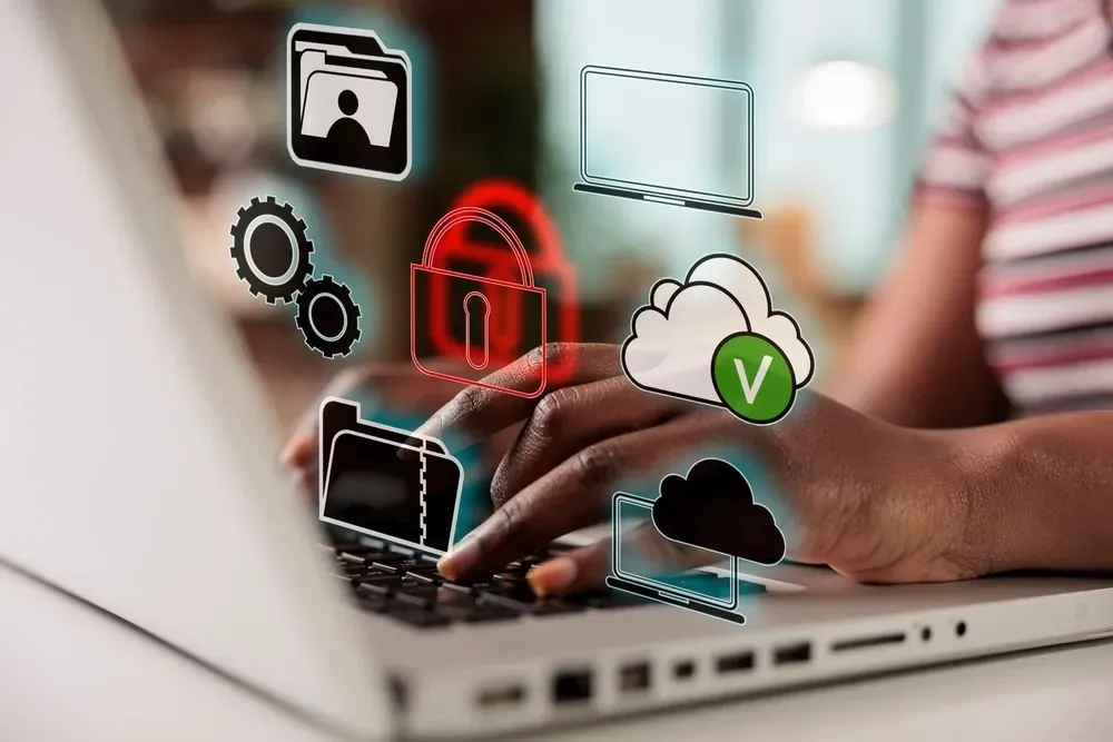 Financial services professionals analyzing data on digital screens in modern office
