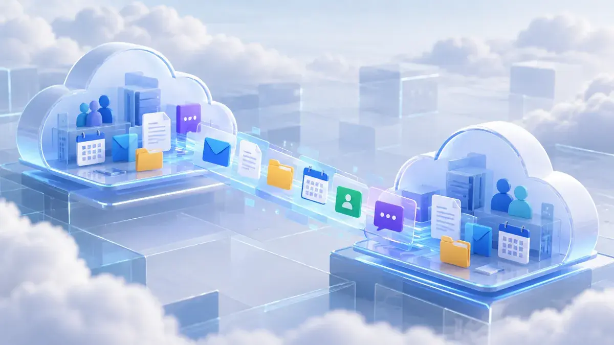 Two translucent cloud platforms above a cloudscape, with mail, calendar, file, chat, and user icons streaming from one to the other