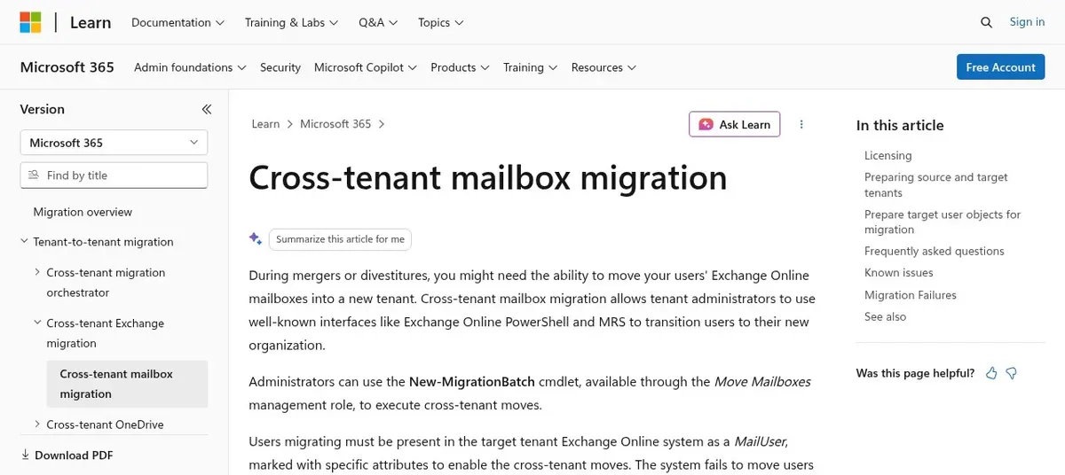 Microsoft Learn: Cross-tenant mailbox migration, covering licensing, source and target tenant preparation, and target user object prerequisites