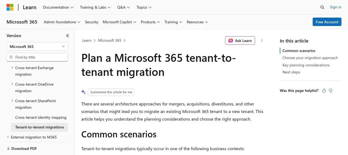 Microsoft Learn: Plan a Microsoft 365 tenant-to-tenant migration, covering common scenarios, migration approaches, and key planning considerations